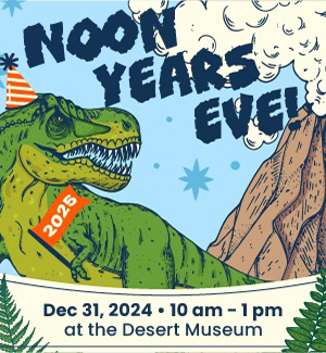 Text reads Noon Years Eve Illustration features dinosaurs wearing celebratory hats